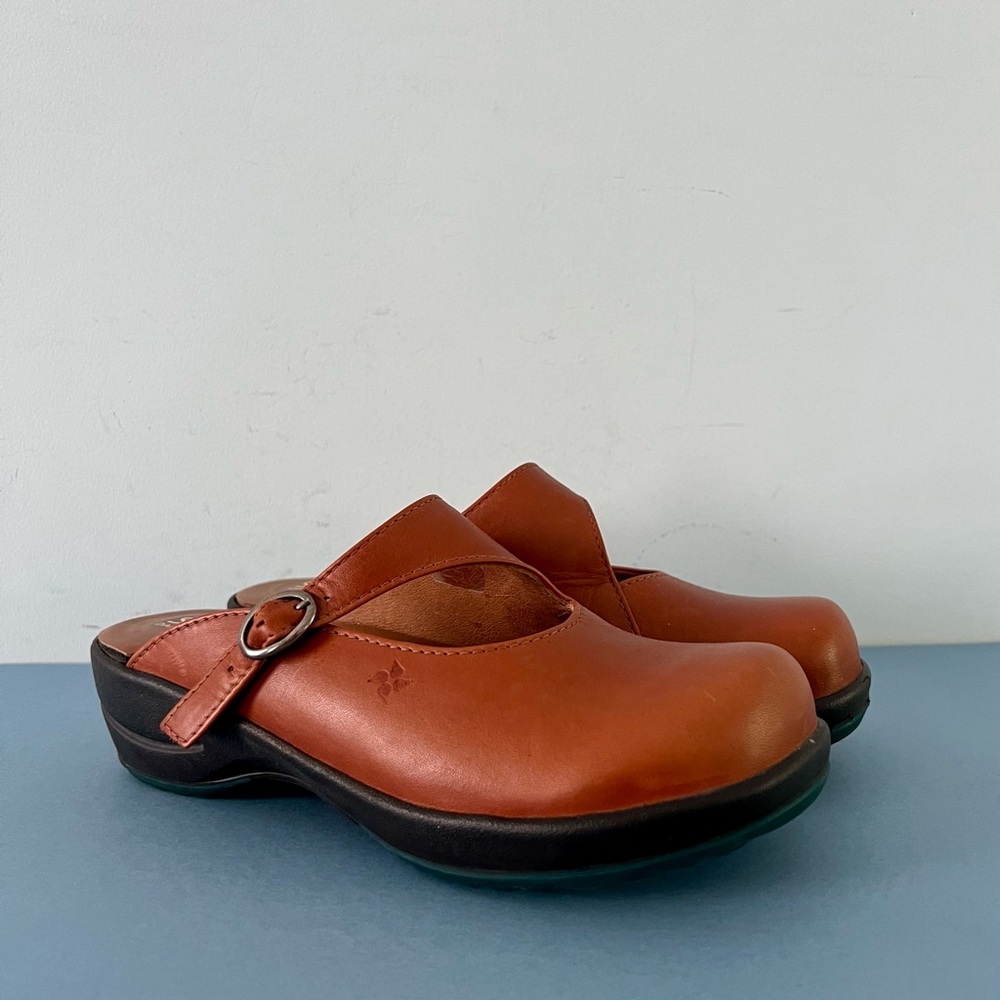 Sanita Liquicell Brown Leather Buckle Strap Slip On Open Back Danish Clogs